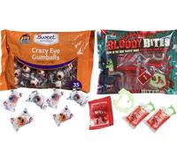 Eyeball Gumballs 35 individually Wrapped Gum Balls Bundled with 7 Sets of Plastic Glow-in-the-dark Individually Wrapped Vampire Fangs Bloody Bites | Halloween Candy with Soko Smiles Pocket Candy Bag.