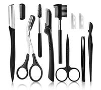 Eyebrow Grooming Kit - 11 Pcs, Black - Razor, Brush, Scissors, Trimmer, Shaver, Tweezers for Women & Men