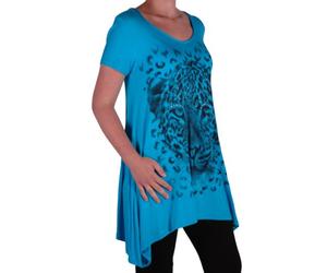 EyeCatch Plus - Ladies Graphic Tiger Long Draped Womens Sparkle Short Sleeve Stretch Top - Comfortable and Adjustable - Sizes 14-28 Turquoise