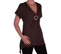 EyeCatch - Solange Womens Asymmetrical Short Sleeve Stretch Diamante Ladies V Neck Top Brown Size 22-24