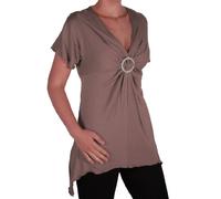EyeCatch - Solange Womens Asymmetrical Short Sleeve Stretch Diamante Ladies V Neck Top Mocha Size 16
