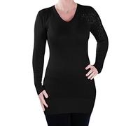 EyeCatch Womens V Neck Knitted Pullover Ladies Diamante Long Sleeve Studded Jumper One Size Black