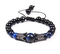 EYEDRESS Men's Tiger Eye Bangle Large Bead Crown Charm Spacer Bead Woven Bangle Natural Stone Handmade Jewellery,Blue Tiger Eye,Adjustable