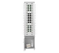 Eyeglass Display Stand, 4-side 144-pair 8-row Sunglass Display Rack w/Bottom Cabinet, 360° Rotating Retail Eyewear Shelf w/ 4 Wheels, Floor Glasses Holder Organizer, 21.65 * 21.65 * 66.14in Lig