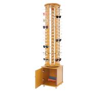 Eyeglass Display Stand, 4-side 144-pair 8-row Sunglass Display Rack w/Bottom Cabinet, 360° Rotating Retail Eyewear Shelf w/ 4 Wheels, Floor Glasses Holder Organizer, 21.65 * 21.65 * 66.14in Lig