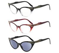Eyekepper Womens 3 Pairs Reading Glasses Ladies' Vintage Cat Eye Readers, Include Sunshine Readers (Black Transparent/Red Transparent/Grey Lens, 1.50)