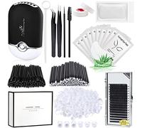 Eyelash Extension Supplies Kit with Individual Lash 0.07D Curl Mix 7-15mm USB Lash Fan Dryer Gel Patch Silicone Holder Pad Tweezers Mirror Disposable Mascara Brush Mini Applicator Glue Ring Tapes