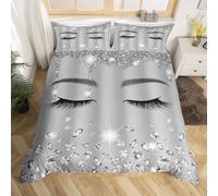 Eyelash King Size Duvet Cover Sets Grey Ombre Bedding Set for Kids Teens Adults,Giltter Diamond Art Duvet Cover for Girls Women Bedroom Decor,Aesthetic Silver Grey Comforter Cover 3 Pieces