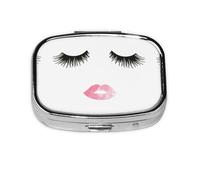 Eyelash Lip White Print Pill Box 2 Compartment Medicine Pill Case,Portable for Pocket Or Purse Pill Box Decorative Metal Medicine Organizer