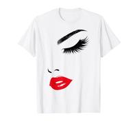 Eyelashes & Red Lips Bold Minimalist Beauty Face Line Art Value Graphic T-Shirt, Men, White, L
