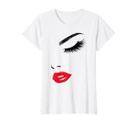 Eyelashes & Red Lips Bold Minimalist Beauty Face Line Art Value Graphic T-Shirt, Women, White, L