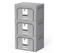 Eyeleaf Storage Bags with Zips, 3PCS Linen Clothes Storage Bag 24L 66L 100L Large Storage Bags Foldable with Metal Frame Lid Clear Window Durable Handles for Clothes Bags (100L)