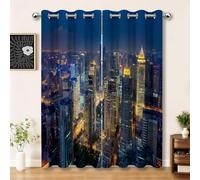 Eyelet Blackout Blue Curtains, Modern City Architecture Skyscrapers Night View Printed Thermal Insulated Curtains for Bedroom Living Room, Window Drapes 29.5 x 65 Inch (Width x Length) 2 Panels