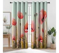 Eyelet Blackout Curtains 65 inch Long - Flowers Meadow Poppies Decor Thermal Curtains for Bedroom Living Room, Pink Green Energy Efficient Opaque Curtain Drapes 2 Panels W 29.5" x L 65"