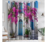 Eyelet Blackout Curtains Architecture Flowers Mediterranean Thermal Insulated,Curtains for Living Room W 29.5" x L 65" (2 Panels) Semi Sheer Pink Purple Blue And White