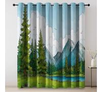 Eyelet Blackout Curtains, Colorful Soft Thermal Insulated Curtains, Painted Forest Mountains Pine Trees Print Pattern, Opaque Curtain for Bedroom Living Room 46 × 54 Inch 2 Panels