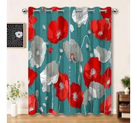 Eyelet Blackout Curtains for Bedroom Living Room, Green Red Microfiber Thermal Insulated Window Drapes 2 Panels for Kids Bedroom or Playroom, Minimalist Plant Poppy Flower Pattern, W 90" x L 90"