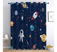 Eyelet Blackout Curtains for Bedroom Soundproof Thermal Insulated Ring Top Kitchen Cartoon Space Astronaut Planets Curtain Dark Blue 59 x 65 in, 2 Pieces Curtains for Office Children's Bedroom