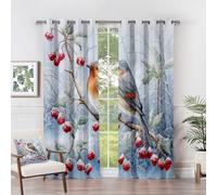 Eyelet Christmas Curtains Blackout - Christmas Curtains - Robin Bird and Berry Winter Forest Blackout Curtains 46 x 72 Inch (Width x Drop) 2 Panels, Holiday Festive Eyelet Curtains & Drapes