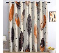 Eyelet Curtain Bohemian Feathers Blackout Earth Tones Curtains Thermal Insulated 46 x 90 Inch Drapes for Living Room, Blackout Window Treatments Room Decor (2 Panels)
