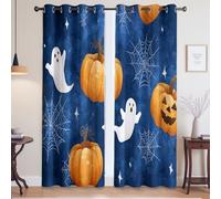 Eyelet Curtain Thermal Insulated Noise Reducing Blackout Curtains, Blue yellow Halloween cartoons spider webs 175 x 280cm For Living Room Bedroom and Study