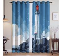 Eyelet Curtain Thermal Insulated Noise Reducing Insulated Window Curtain, Blue grey Lighthouse Seaside Comic 140 x 260cm For Living Room, Bedroom, and Study