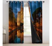 Eyelet Curtain Traditional Architecture Reflection Printing, Brown Dark Blue Curtains Darkening Thermal W 66" x L 90" (2 Panels) for Living Room Bedroom Children's Room - Durable Not Easy to Fade