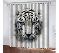 Eyelet Curtains 3D Animal Black And White Tiger Print Pattern Thermal Insulated Window Drapes For Living Room, Set Of 2 Panels 104x94Inch Blackout Curtain For Kids Boys Bedroom, Eyelet Ring Top