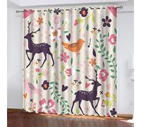 Eyelet Curtains For Living Room 200X160Cm 3D Flowers, Birds And Deer On White Background Printing Pattern, Super Soft Thermal Insulated Living Room Blackout Curtains Boys Girls Nursery Home Decorat