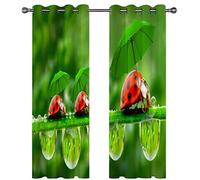 Eyelet Curtains For Living Room 264X214Cm 3D Green Rhythm Ladybug Rain Fun Printing Pattern, Super Soft Thermal Insulated Living Room Blackout Curtains Boys Girls Nursery Home Decoration 2 Panels