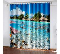 Eyelet Curtains For Living Room 84 Inch Drop Blue Seabed Tropical Animals 3D Printing Pattern, Super Soft Thermal Insulated Living Room Blackout Curtains Nursery Home Decoration, 2 Panels