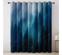 Eyelet Curtains Soft Thermal Blackout Curtains Blue - Mysterious Mist Forest Opaque Curtain Ring Top Soundproof Window Drapes for Bedroom Living Room, W 66" x L 72" Drop 2 Panels