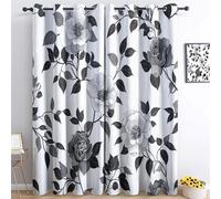 Eyelet Curtains W 46" x L 72" (2 Panels) Grommet Top Room Darkening Drapes Black And White Floral Design Roses Printed Blackout Curtains Sound and Heat Reduction for Bedroom, Black And White