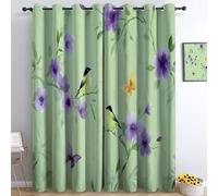 Eyelet Curtains Watercolour Purple Flowers Small Bird Butterfly Blackout Curtain, Green Thermal Insulated Ring Top Window Drapes 55” W x 102” L 2 Panels For Living Room Bedroom Home Office Decoration