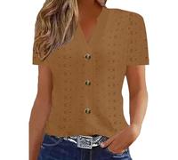 Eyelet Embroidery Blouse for Women Dressy Notch Neck Button Front Short Sleeve Tops Summer Casual Hollow Out Shirts Petite Ladies Top T-Shirts My Orders UK Recent Order Brown