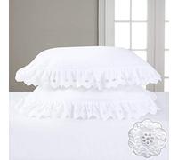 Eyelet Pillow Shams White Lace Ruffled Standard Shabby Chic Set of 2 | 100% Cotton Ruffle Pillowcases Scalloped Farmhouse Country French Pretty Cute Embroidered Cottage Victorian Vintage Girly