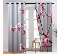 Eyelet Thermal Insulated Blackout Curtains Pink Cherry Blossoms On Branches With Light Grey Background Print Pattern Ring Top Drapes for Baby Kids Boys Girls Bedroom Living Room W 100x L 160cm x2