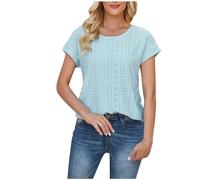 Eyelet Tops for Women UK Clearance Novelty Crew Neck Drop Shoulder Summer Casual Round Neck Solid Hollow Breathable T Shirt Ladies Plain Oversized Tshirts Casual Loose Tunic Blouses Plus Size 22 Blue