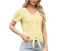 Eyelet Tops for Women UK,Ruffle Short Sleeve Tunic Tops Sexy Tie Front T-Shirts Summer Tops V Neck Basic T Shirts Dressy Casual Blouses Swing Tunic Dressy Top for Party S-2XL Yellow