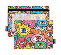 Eyes Evil Doodle Colorful Teen Pencil pouching with Clear Window Binder Pencil case in Assorted Colors Three Ringing Binder for Storing School Office Supplies Multicolored 2 PCS