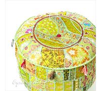 Eyes of India - 17 X 12 Small Green Patchwork Round Ottoman Pouf Pouffe Cover Floor Seating Boho Chic Bohemian Accent Indian Handmade