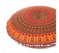 Eyes of India - 32" Burgundy Yellow Mandala Floor Pillow Meditation Cushion Seating Throw Cover Round Colorful Decorative Bohemian Accent Boho Chic Dog Bed Indian Handmade Cover ONLY