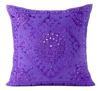Eyes of India Embroidered Decorative Boho Throw Pillow Cover with Mirrors, Handmade Bohemian Accent Cushion Case for Sofa Couch Bedroom Living Room, 16x16 Inch (40x40 cm), Purple