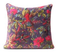 Eyes of India Velvet Floral Flower Bird Throw Pillow Sofa Cushion Cover Case Couch Colorful Boho Chic Bohemian Accent Indian Handmade (Purple, 20" x 20")