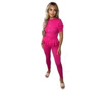 eyes Tracksuit Womens Full Set Ladies Fine Ribbed Frill Peplum Short Sleeve Gold Button Loungewear 2 Piece Suit Italian Fitted Leggings Stretchy Women Tracksuits Hot Pink 8-10