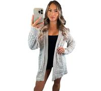 eyes Women’s Long Sleeve Waffle Open Front Top Chunky Crochet Oversized Cable Knitted Cardigan Ladies Sweater Winter Jumper Plus Size Sheer Knit Pockets Solid Color Womens Cardigans Marl Grey 16-18