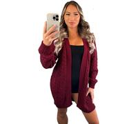 eyes Women’s Long Sleeve Waffle Open Front Top Chunky Crochet Oversized Cable Knitted Cardigan Ladies Sweater Winter Jumper Plus Size Sheer Knit Pockets Solid Color Womens Cardigans Wine 16-18