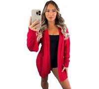 eyes Women’s Long Sleeve Waffle Open Front Top Chunky Crochet Oversized Cable Knitted Cardigan Ladies Sweater Winter Jumper Plus Size Sheer Knit Pockets Solid Color Womens Cardigans Red 16-18