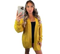 eyes Women’s Long Sleeve Waffle Open Front Top Chunky Crochet Oversized Cable Knitted Cardigan Ladies Sweater Winter Jumper Plus Size Sheer Knit Pockets Solid Color Womens Cardigans Mustard 16-18