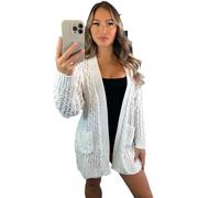 eyes Women’s Long Sleeve Waffle Open Front Top Chunky Crochet Oversized Cable Knitted Cardigan Ladies Sweater Winter Jumper Plus Size Sheer Knit Pockets Solid Color Womens Cardigans White 16-18